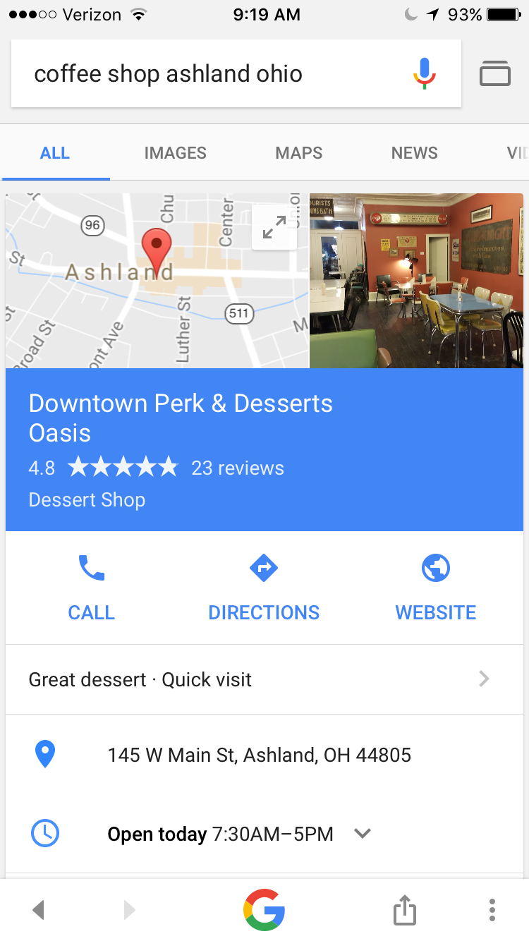 Coffee Shop Google Local Listing on Mobile