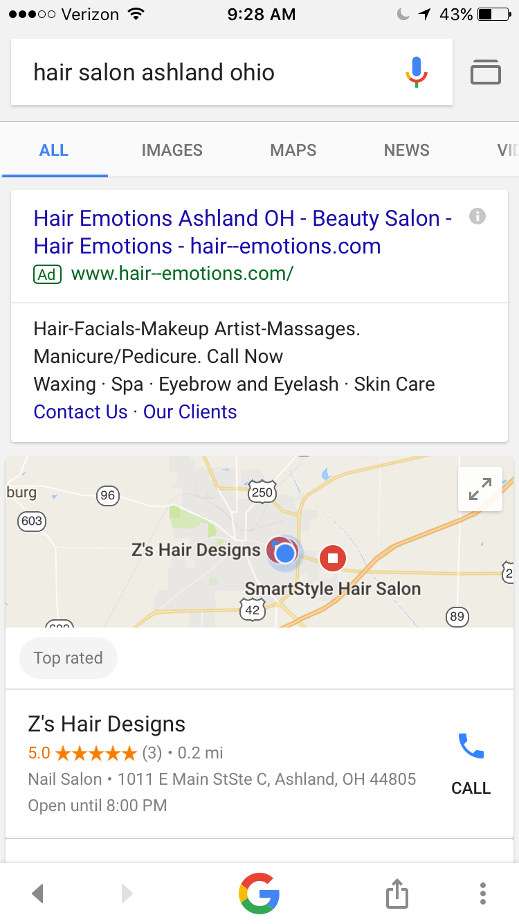hair salon google local map results on mobile
