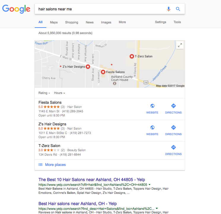 hair salon in ashland google map screenshot