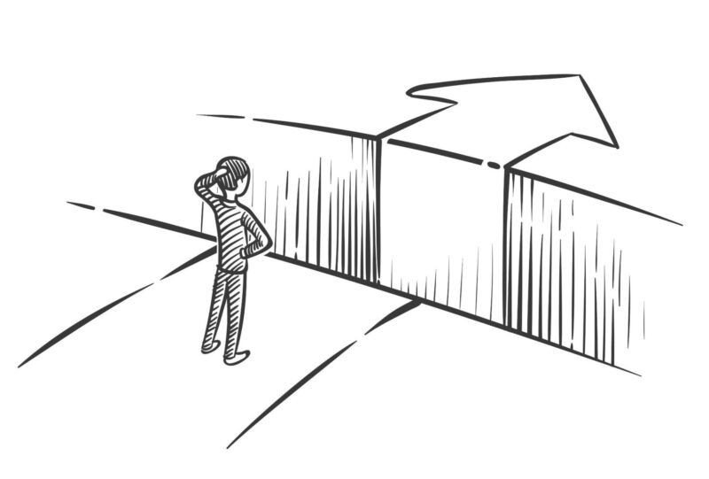 drawing of person trying to figure out how to cross the chasm in the road